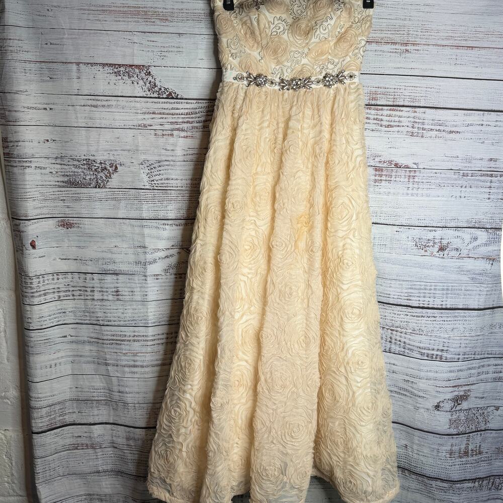 Adrianna Papell Strapless Rosette Gown Beaded Formal Dress Champagne 4 - Picture 3 of 8